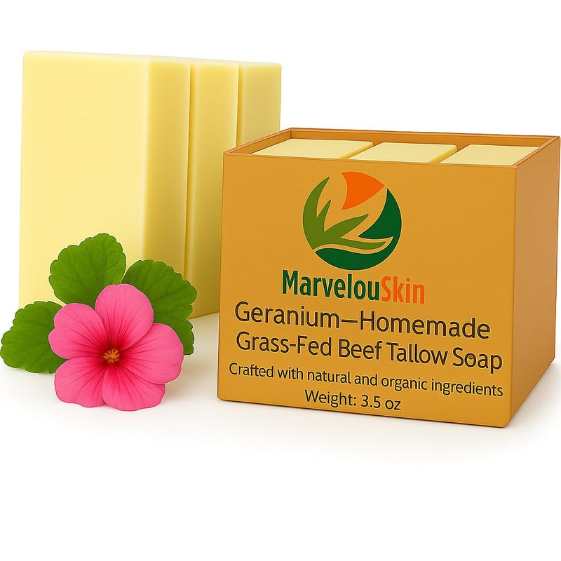 Marvelouskin Geranium Tallow Soap â€“ Floral Grass-Fed Bar with Organic Essential Oil â€“ Naturally Fresh & Botanical â€“ 3 Pack - Image 1